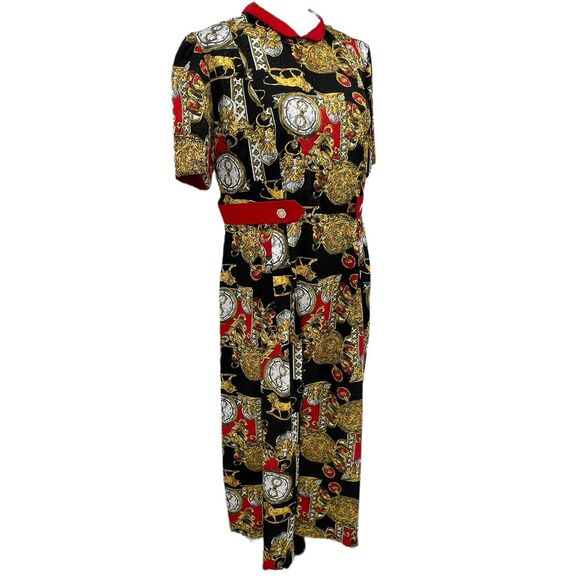 Vintage 90s Baroque Maximalist Clock Lion Print Rayon Dress Career Business - Picture 2 of 6